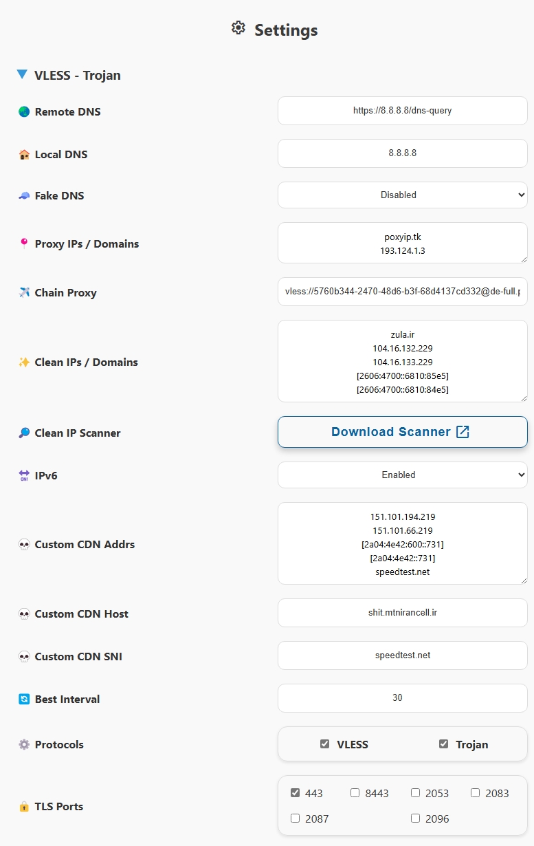 VLESS و Trojan settings